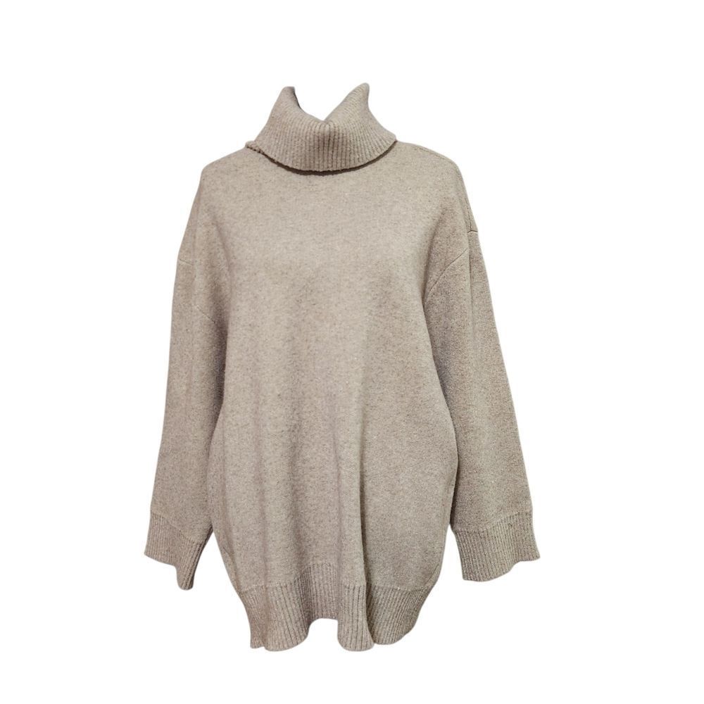 H & M Oatmeal Sweater Womens L XL Gray Beige Turtleneck Thick Heavy Long